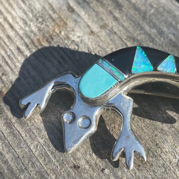 Signed Zuni Blue Fire Opal, Turquoise and Onyx Inlay Native American Liz… - Picture 6 of 10
